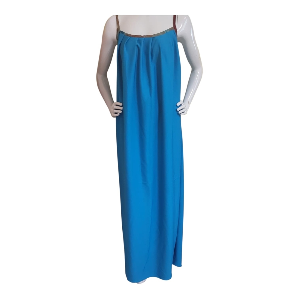 Turquoise Blue Maxi Slip Dress with Brown Trim